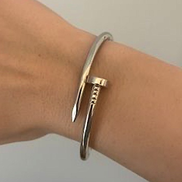 Silver Plated Nail Screw Tack Bangle Minimalist Punk Bracelet - Picture 5 of 10